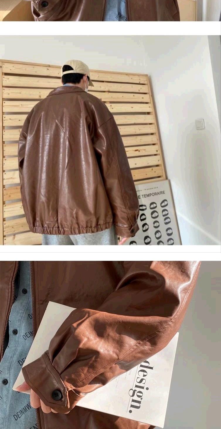 Voguable Pu Leather Jacket Men Brown Retro Motorcycle Jacket Autumn Korean Fashion Fried Street Loose Zipper Bomber Jacket Learher Coats voguable