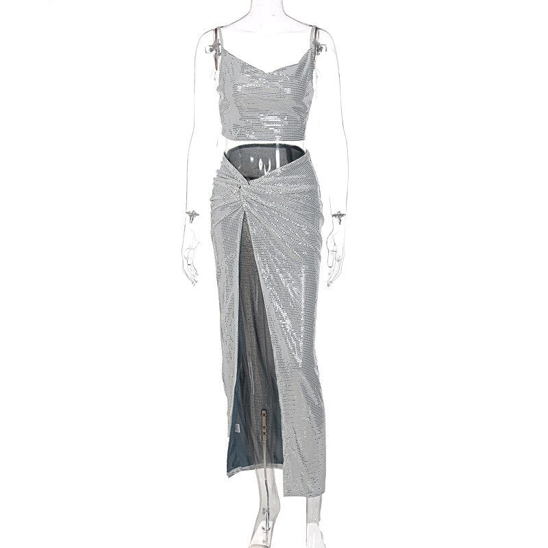 Voguable  Sleeveless Lady Maxi Dresses Elegant Women Two Piece Irregular Party Dress Floor Length Dress Draped High Slit Dress Club Wear voguable