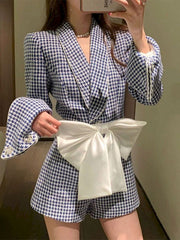 High Quality Brand New Spring Runway Short Jumpsuit Golden Bowknot Belt Long Sleeve Women Sexy Party Romper Playsuits voguable
