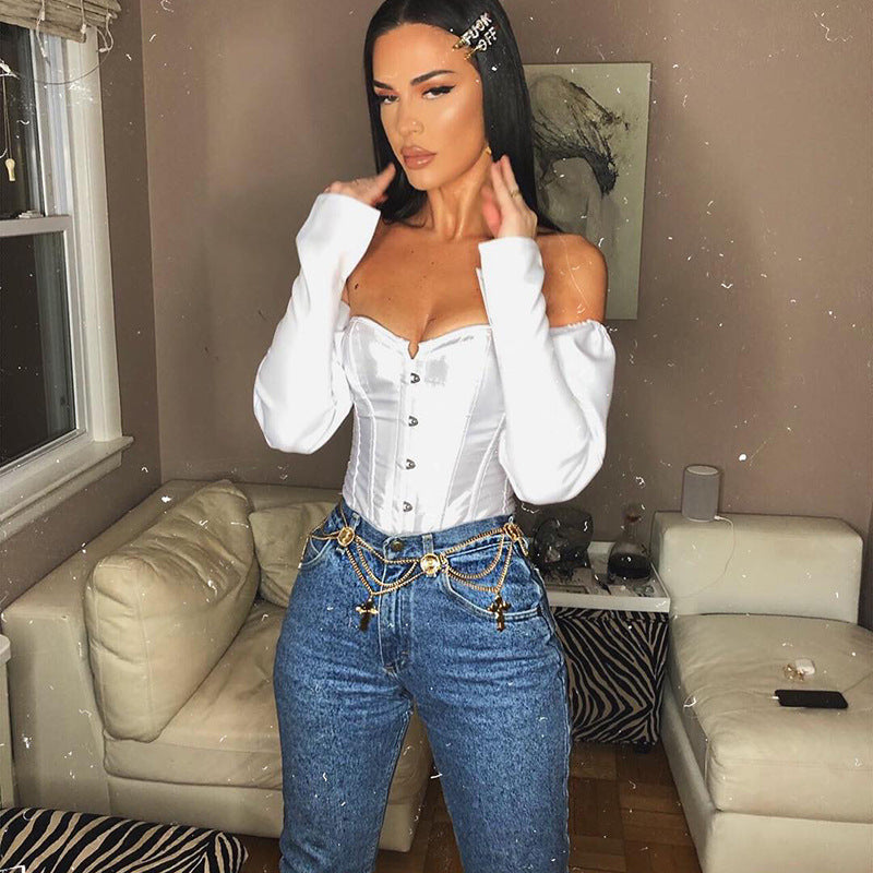Voguable  Y2k Corset and Bustier Steel Bone Underbust Shaper T Shirts Spring Women Off Shoulder Corset T-Shirt Body Shaping Waist Outfits voguable