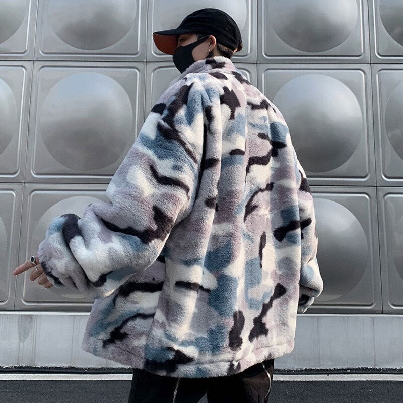 Winter New Lamb Wool Jacket Harajuku Fashion Casual Oversize Pattern Male Thicken Warm Parkas Hip Hop Loose Coat voguable