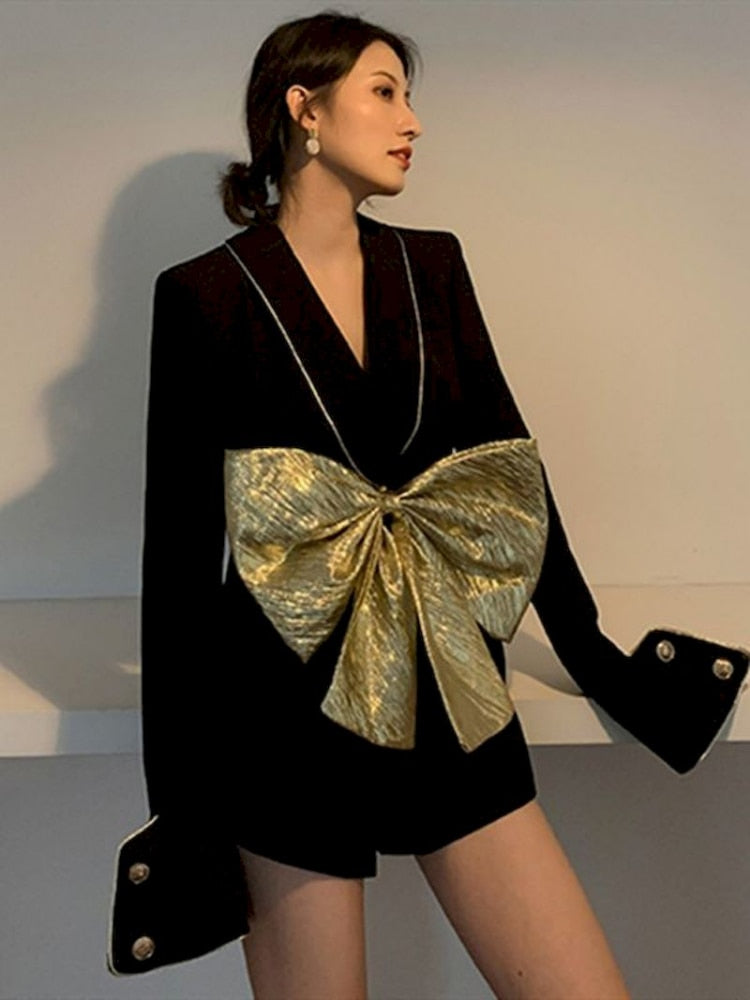 High Quality Brand New Spring Runway Short Jumpsuit Golden Bowknot Belt Long Sleeve Women Sexy Party Romper Playsuits voguable