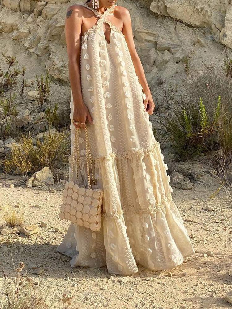 voguable 2022 Elegant Slip Holiday Hollow Out Sundress Sleeveless Halter Maxi Summer Dress For Women Fashion Ruffle Beach Long Robe voguable