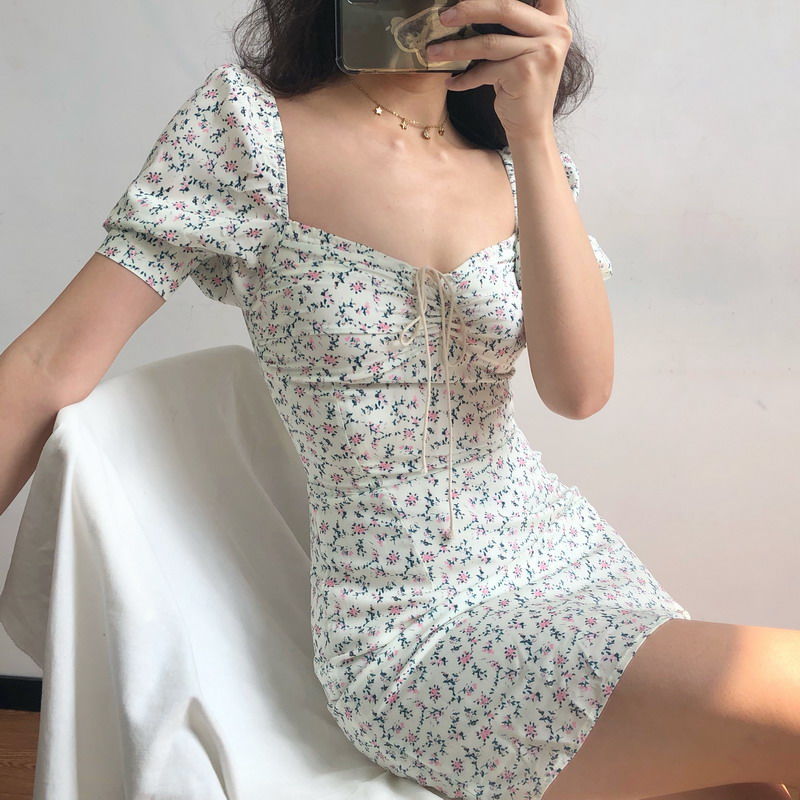 2022 Summer French Prairie Chic Retro Chiffon Floral Sheath Puff Sleeve Square Collar Drawstring Tie Slim High Waist Women Dress voguable
