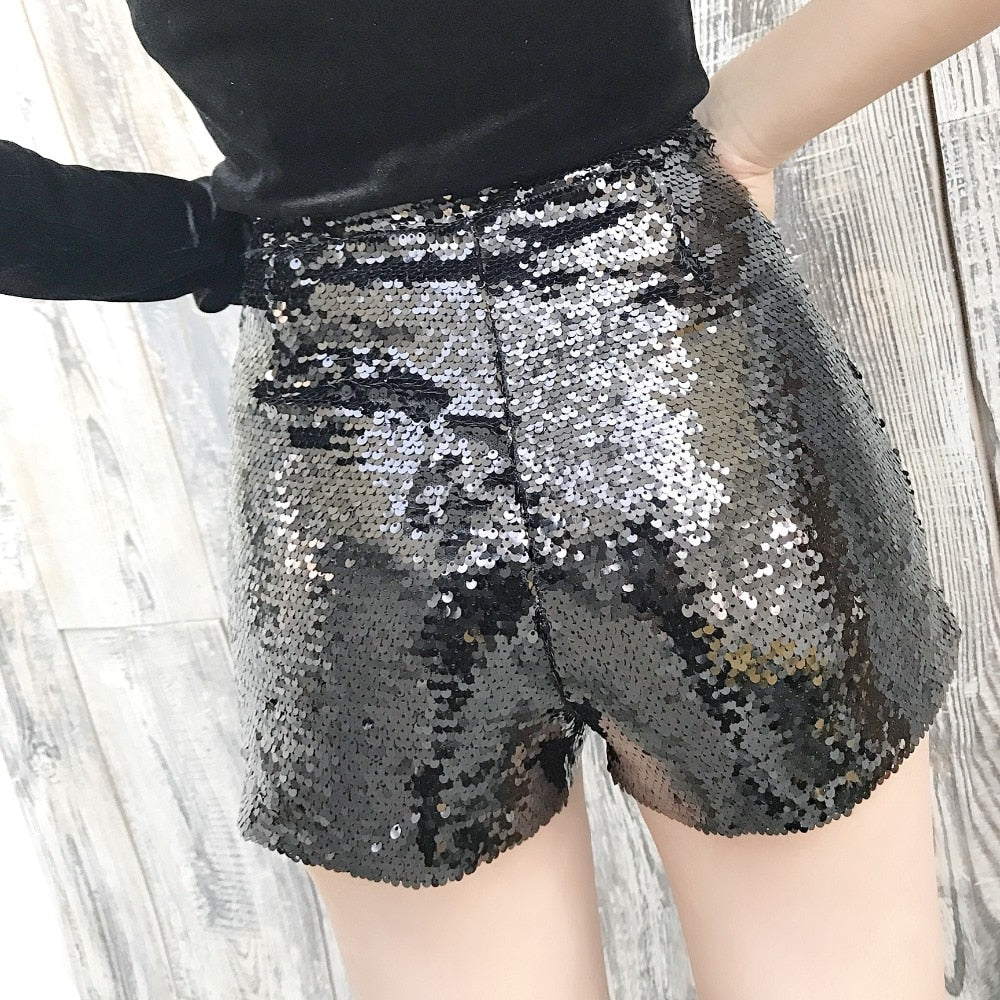Voguable Sexy Women Sequin Shorts Summer High Waist O-Ring Zip Bodycon Shorts Feminino Skinny Party Club Festival Raves Pole Dance Shorts voguable