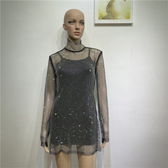 Shiny Diamonds Beading Dress lady Mesh Temperament Slim Turtleneck Long-Sleeved Sexy Party Club Mini Dress Vestido Mujer Jurken voguable