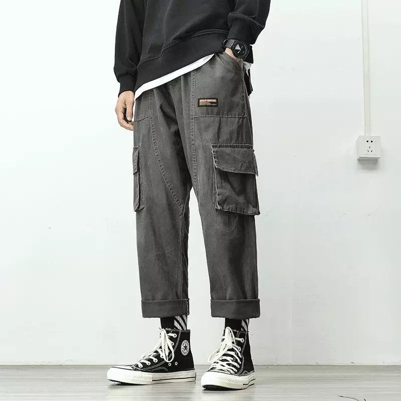 Voguable Autumn Overalls Pants for Men Military Straight Loose Multi-pocket Japanese Sweatpants 2022 Nine-point Casual Fashion Streetwear voguable