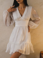 Lichi Dress New Summer Light Ruffled Chiffon Mini Dress V-Neck Premium Dress Airy Puffed Sleeve Flared Hem Party Dresses voguable