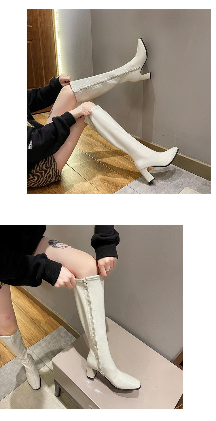 Women Boots Over Knee Female Shoes Zipper Boots-Women Over-the-Knee Ladies High Heel Autumn Leather Rubber White Rome Micro voguable