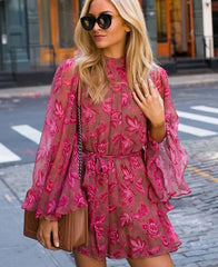 Backless Floral Print Boho Pink Romper Playsuit Women Wide Leg Beach Pink Loose Romper Stand Collar Flare Sleeve Overall voguable