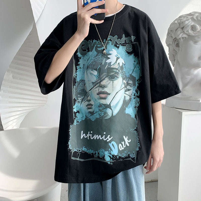 Summer Cartoon Character Graffiti T Shirt For Men Brand Loose Short Sleeve Tee Shirts New Gothic Male Tops Clothing voguable
