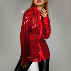 Women Shirt Fashion Sequins Blouses Turn-Down Collar Long Sleeve Shirts Spring Fall Red Button-Down Chic Tops Party Sexy New voguable