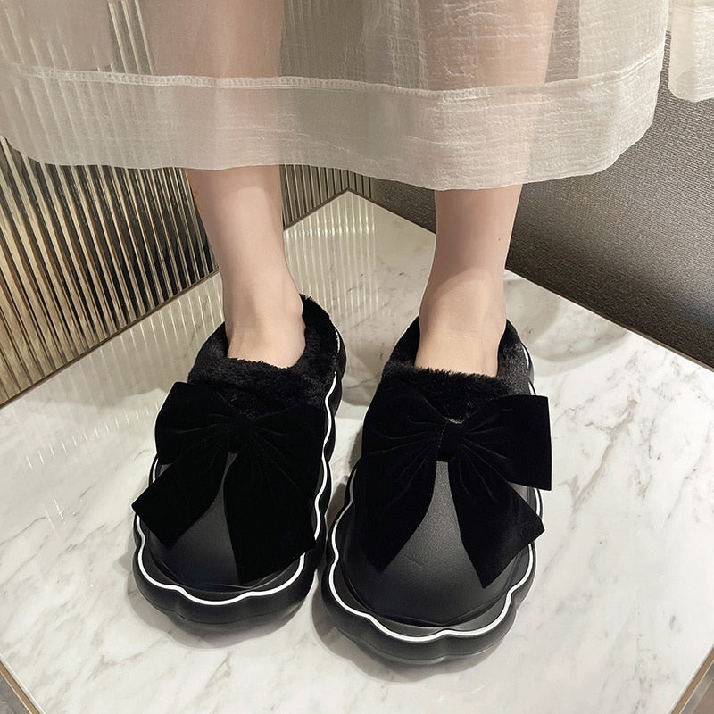 Med Fur Shoes Slippers Casual Slides Cover Toe Platform Slipers Women Butterfly-Knot Plush Luxury Flat Rome PU Fabric Fashi voguable