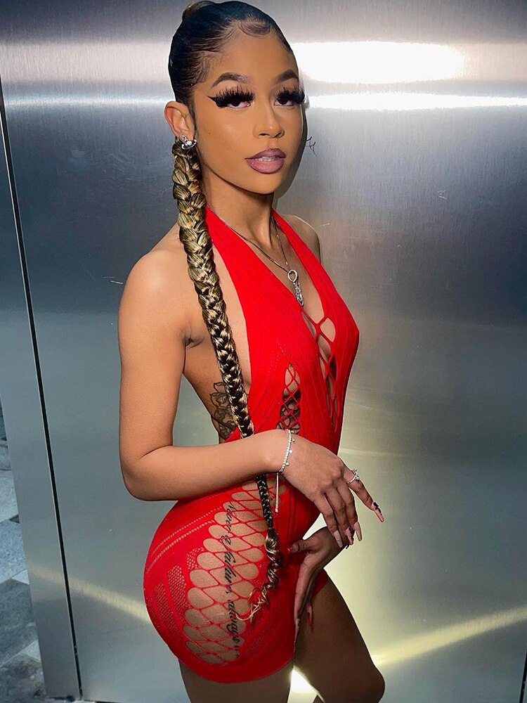 Voguable spring outfits 2022   Solid Halter Sleeveless Backless Mesh Hollow Out Mini Dress 2021 Summer Fall Bodycon Sexy Party Club Elegant Y2K voguable