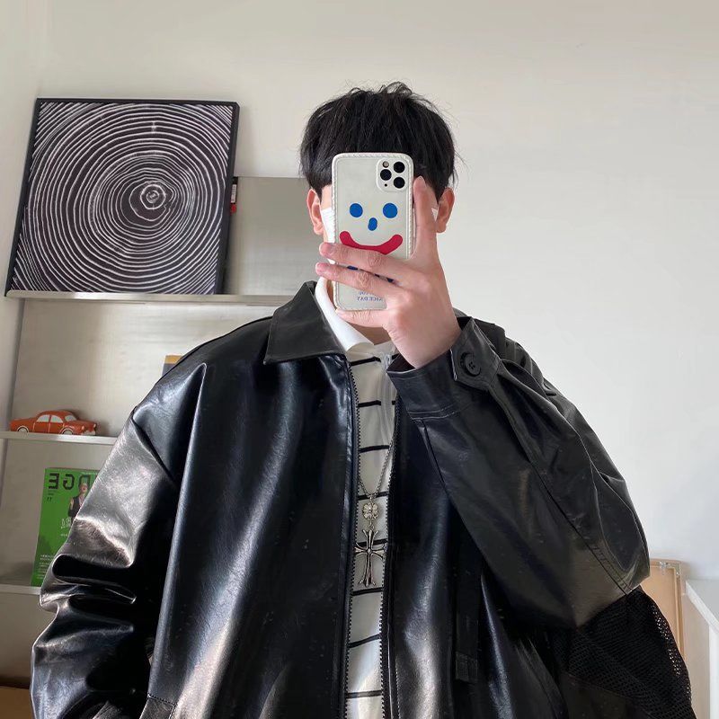 Voguable Pu Leather Jacket Men Brown Retro Motorcycle Jacket Autumn Korean Fashion Fried Street Loose Zipper Bomber Jacket Learher Coats voguable
