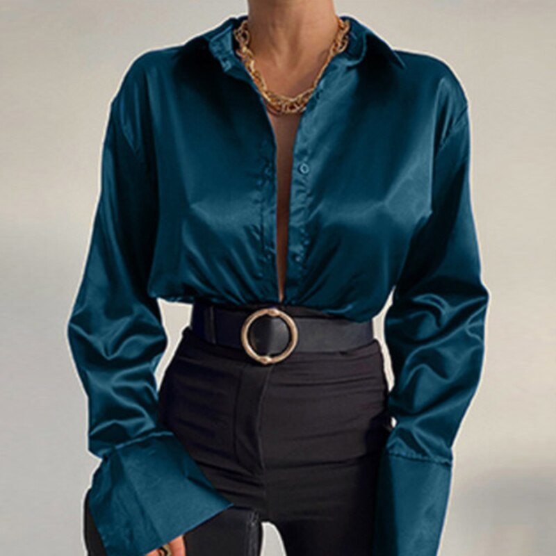 Elegant Satin Women Blouses Fashion Long Sleeve Vintage Blue Blouse Office Blusas Mujer Solid Silk Shirt Women Casual Tops voguable