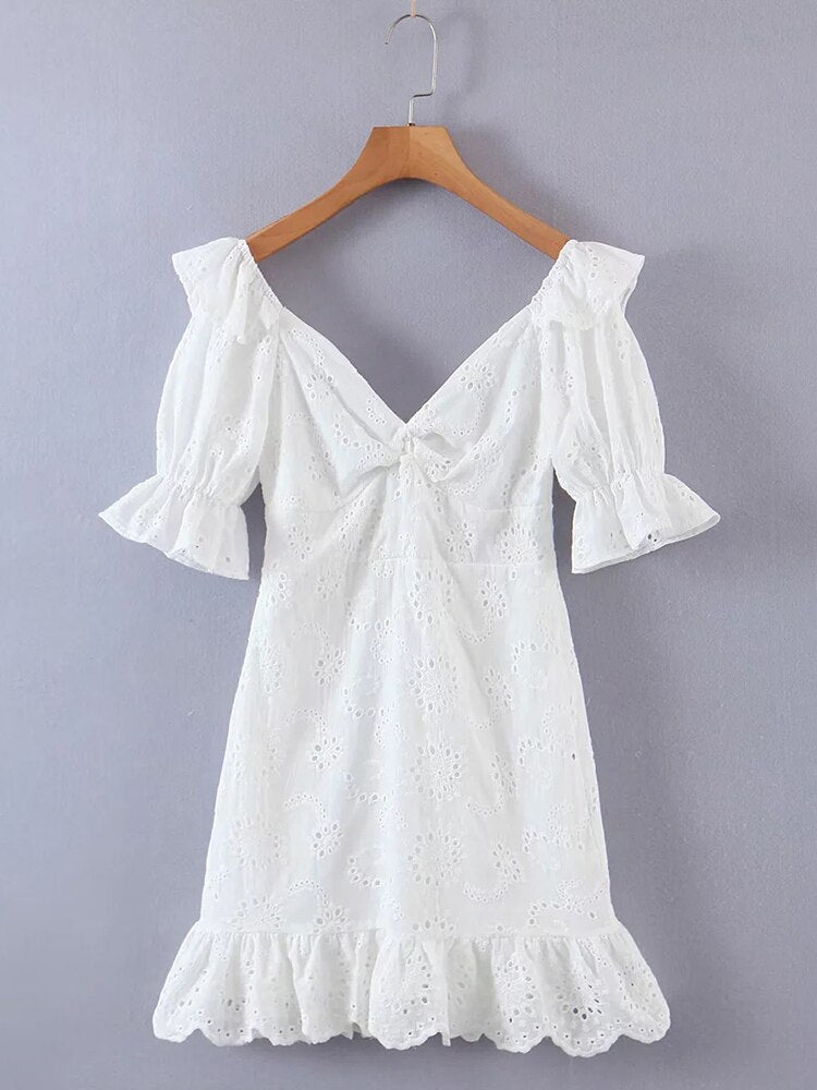 Ruffles Puff Sleeve White Lace Dress Flower Embriodery Hollow Out Cotton Beach Dress Women Backless Party Mini Dress voguable
