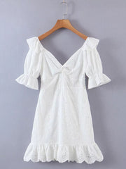 Ruffles Puff Sleeve White Lace Dress Flower Embriodery Hollow Out Cotton Beach Dress Women Backless Party Mini Dress voguable