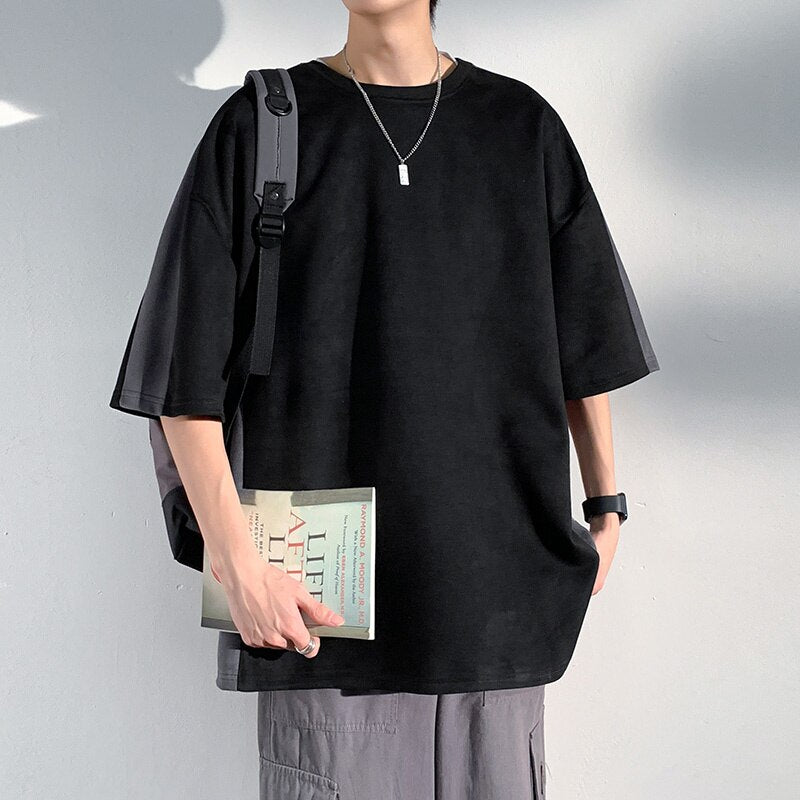 Japanese Style Trend Baggy Patchwork Short Sleeve Men's Summer New Tshirt Casual Tops Male Harajuku Round Neck Tees voguable