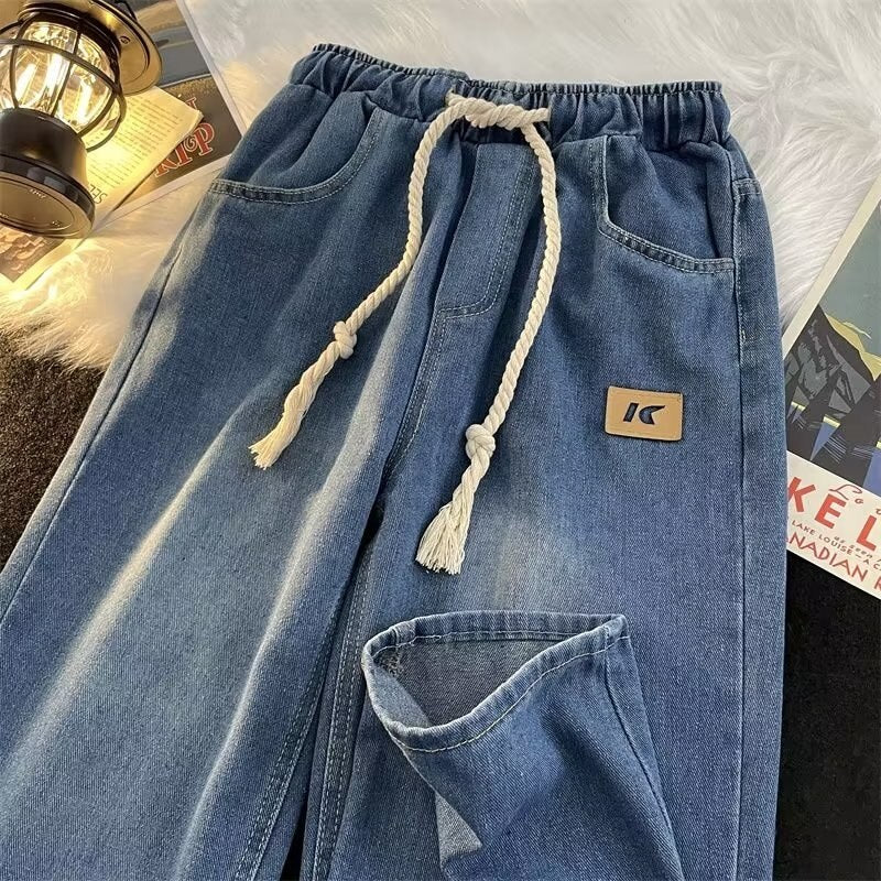 Spring New Women Vintage Jeans High Street Drawstring Wide Leg Female Denim Pants Fashion Straight Unisex Casual Trousers voguable