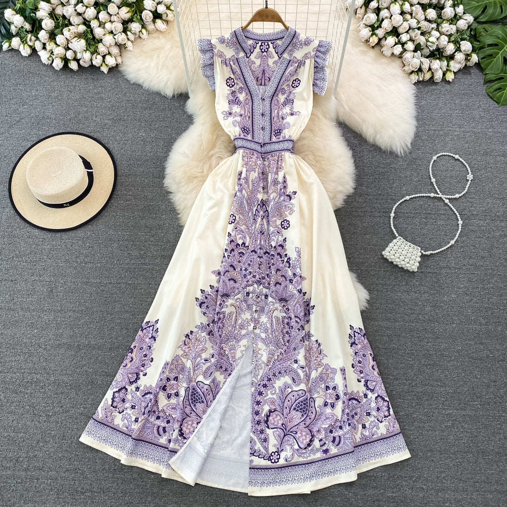 Summer Long Dress for Women Sleeveless Lapel Printed Chic Boho Female Vestidos Evening Party Dubai Tarf High Waist New In voguable