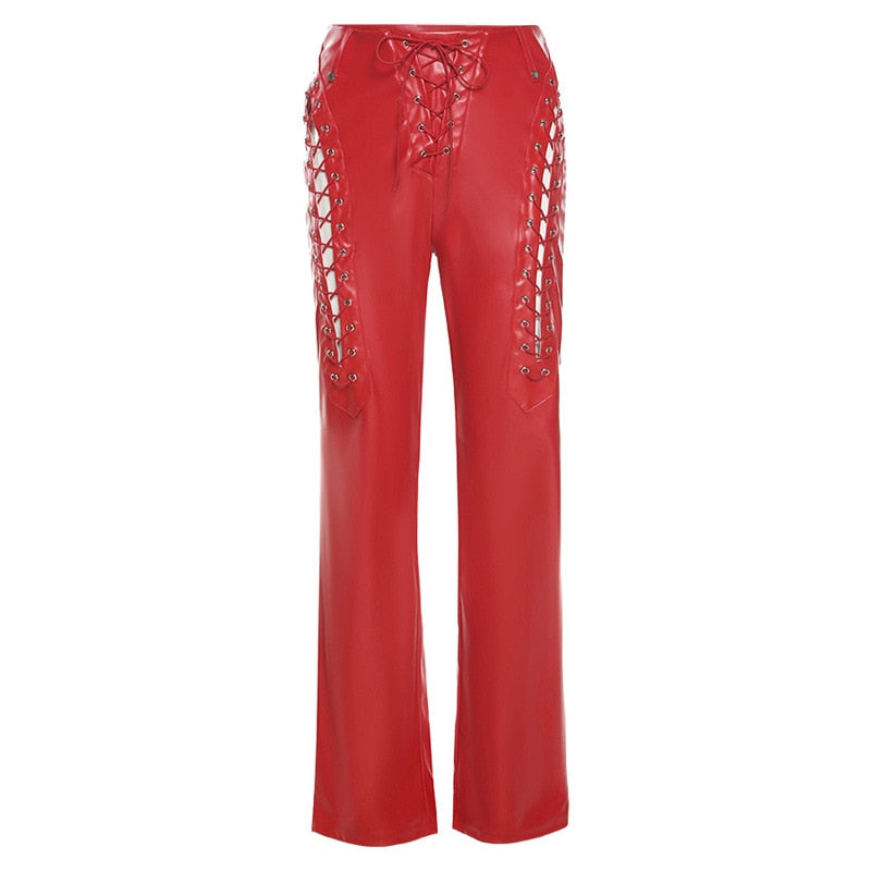 Women's Lace Up PU Leather Pants Chic High Waist Hollow Out Sexy Y2K Drawstring Bandage Cut Out Gothic Faux Leather Trousers voguable