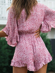 Bell Sleeve Floral Boho Playsuit Romper Spring Summer Women Beach Playsuit Elegant V Neck Pink Romper Women Fashion voguable