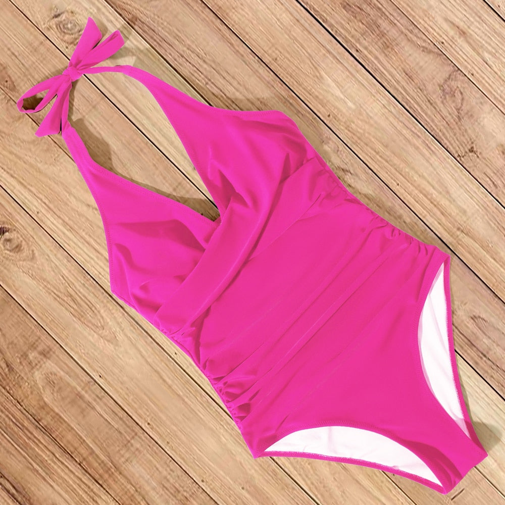 Voguable One Piece Swimsuit Women Solid Bathing Suit Halter Bodysuit Push Up Swimsuit Monokini Beachwear Plus Size Swimwear Tankini 2022 voguable