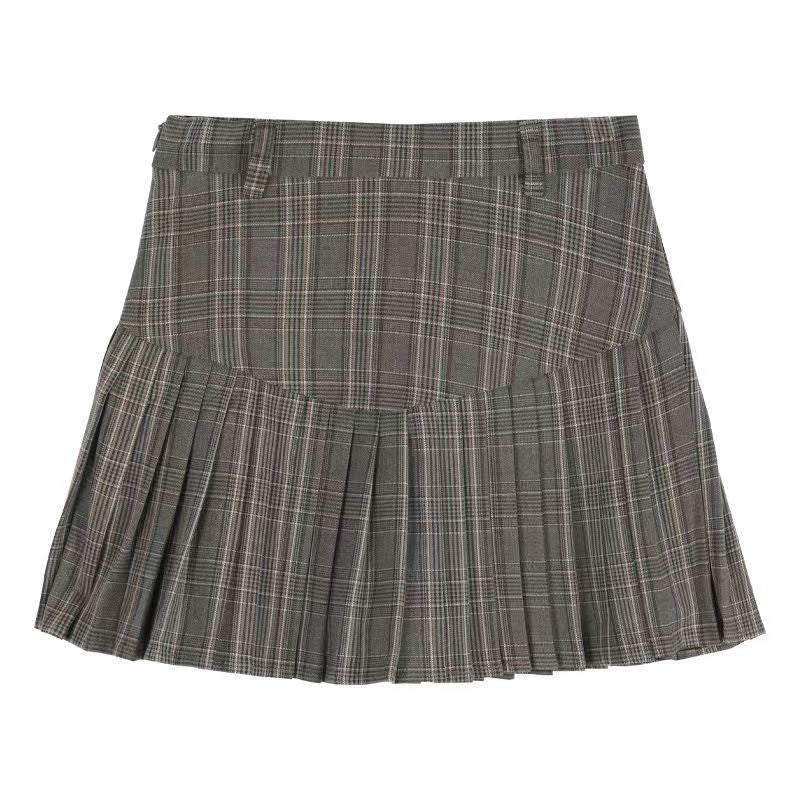 Retro Brown Plaid Vest Shirt Coat Skirt Sets Girl College Style Plaid Suit Pleated Mini Skirt Female Sexy Korean Jacket Blazers voguable
