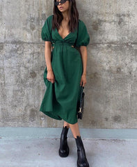 Voguable  V Neck Waist Cut Out Elastic Cotton Green Dress Lantern Sleeve Backless Maxi Summer Dress Elegant Ladies Long Sundress voguable