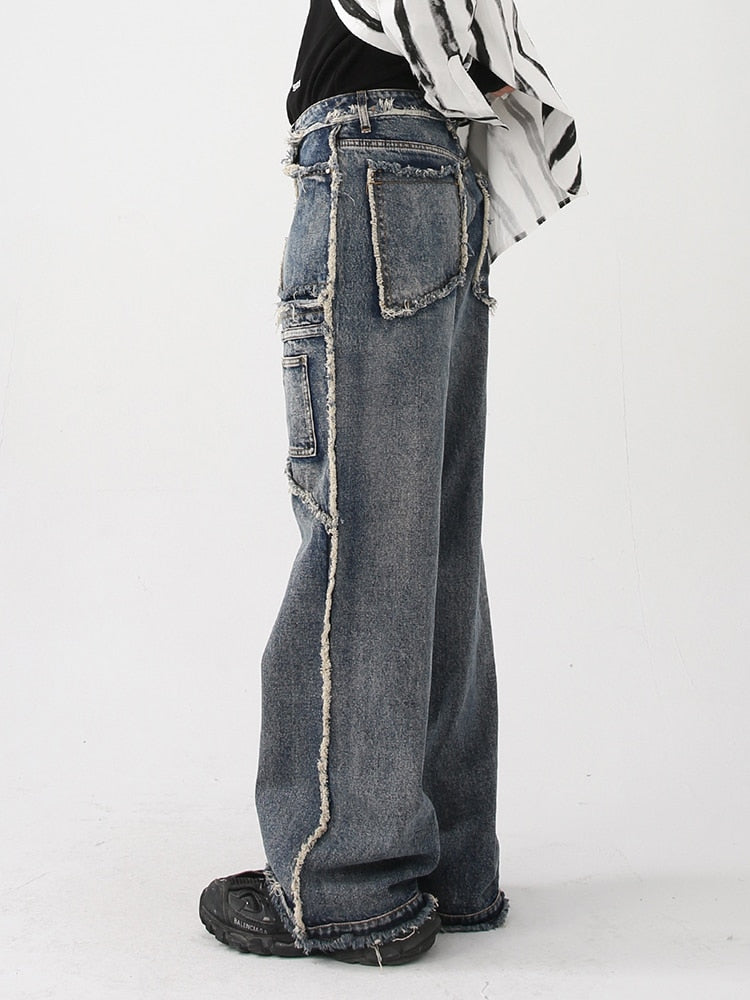 Men's Pants New Autumn Vintage Wash Rough Edge Straight Tube Splicing Male Jeans  High Street Wide Leg Trousers 9A5086 voguable