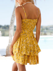 Women Clothing Frill Trim Neck Tie Spaghetti Strap Beach Summer Dress Back Smocked Ruffle Hem Vacation Floral Mini Dress voguable