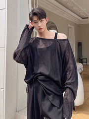 Summer Knit One Line Neck Long Sleeve T-shirt  Translucent Solid Color Korean Fashion Round Neck Male Tops 9A3955 voguable