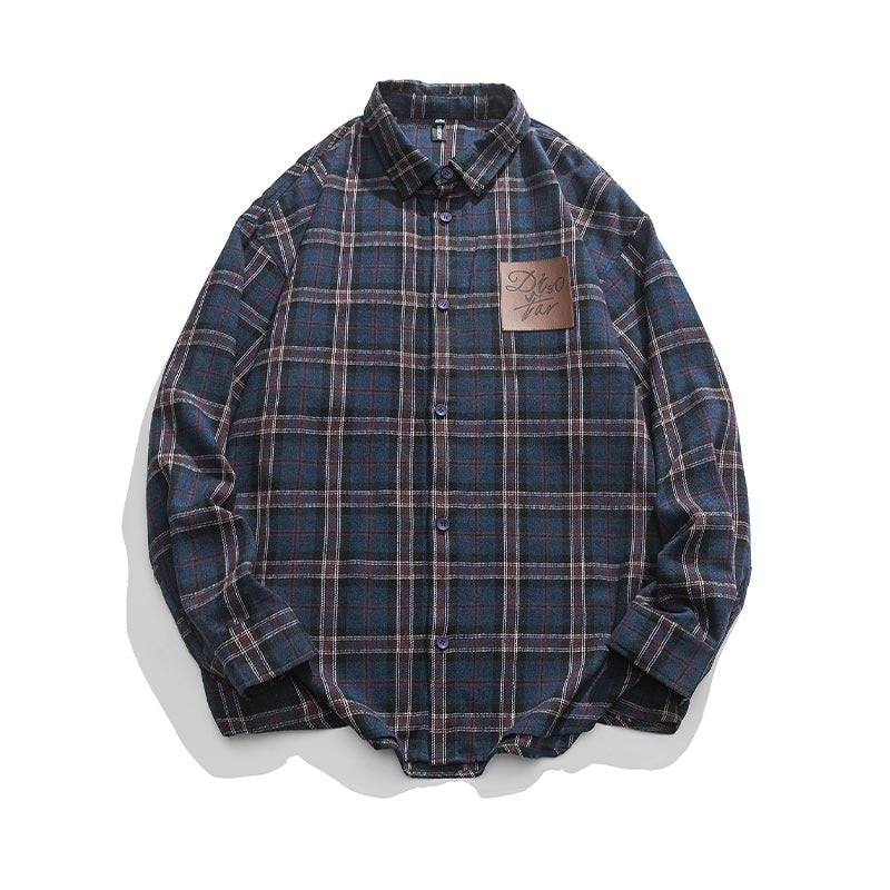 Men's Vintage Plaid Blouses Turn-down Collar Dark Streetwear Spring New Male Shirts Long Sleeve Casual Unisex Tops voguable