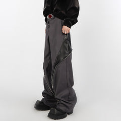 Niche PU Leather Design Zipper Men Pants Vertical Straight Trousers Contrast Color Winter High Street Male Darkwear voguable