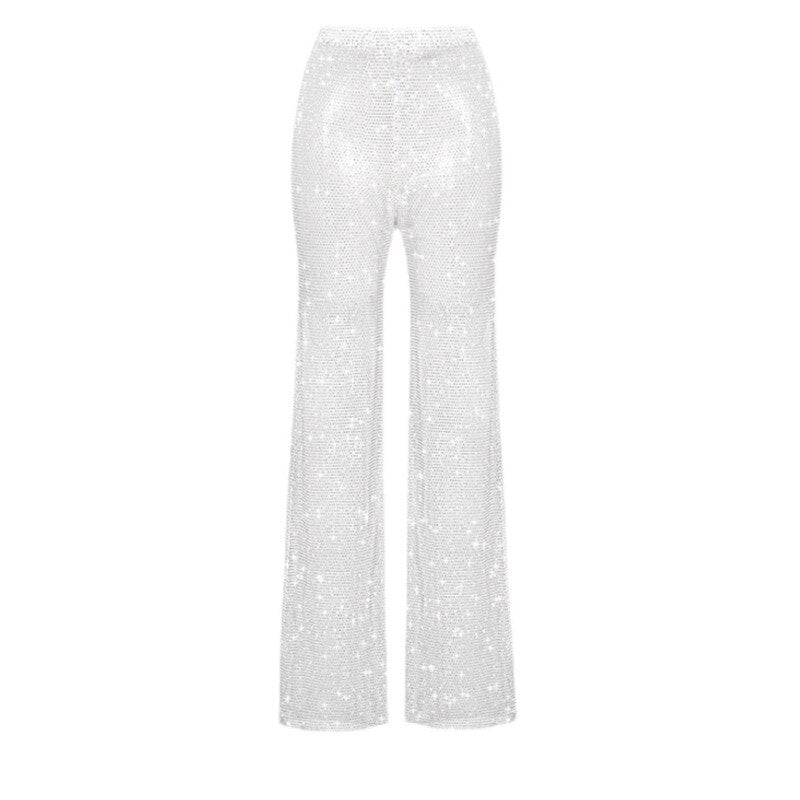 High Waist White Rhinestones Shining Long Wide Leg Pants New Loose Fit Trousers Women Fashion Spring Autumn voguable