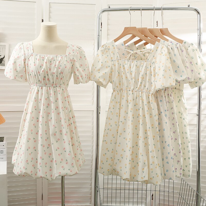 Voguable  Chic Dress Women 2022 Summer Floral Printed Square Collar Puff Sleeves High Waist Slim A-line Vintage Dresses voguable