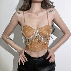 Full Beads Female Corset Top Camis Nightclub Sexy Rhinestones Short Chest Binder Camisole Women Push Up Tassel Strap Crop Top voguable