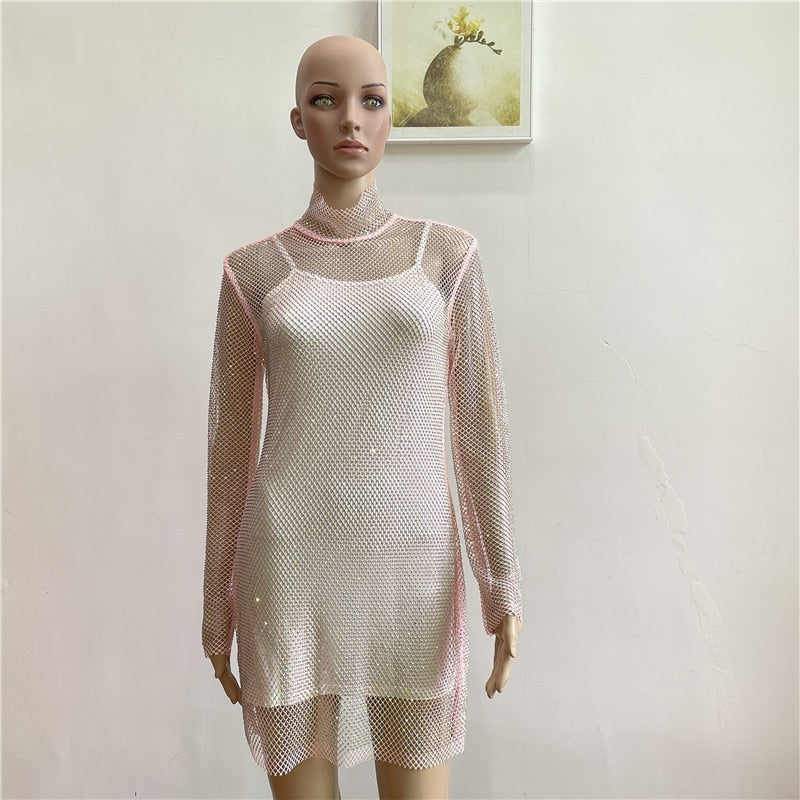Shiny Diamonds Beading Dress lady Mesh Temperament Slim Turtleneck Long-Sleeved Sexy Party Club Mini Dress Vestido Mujer Jurken voguable