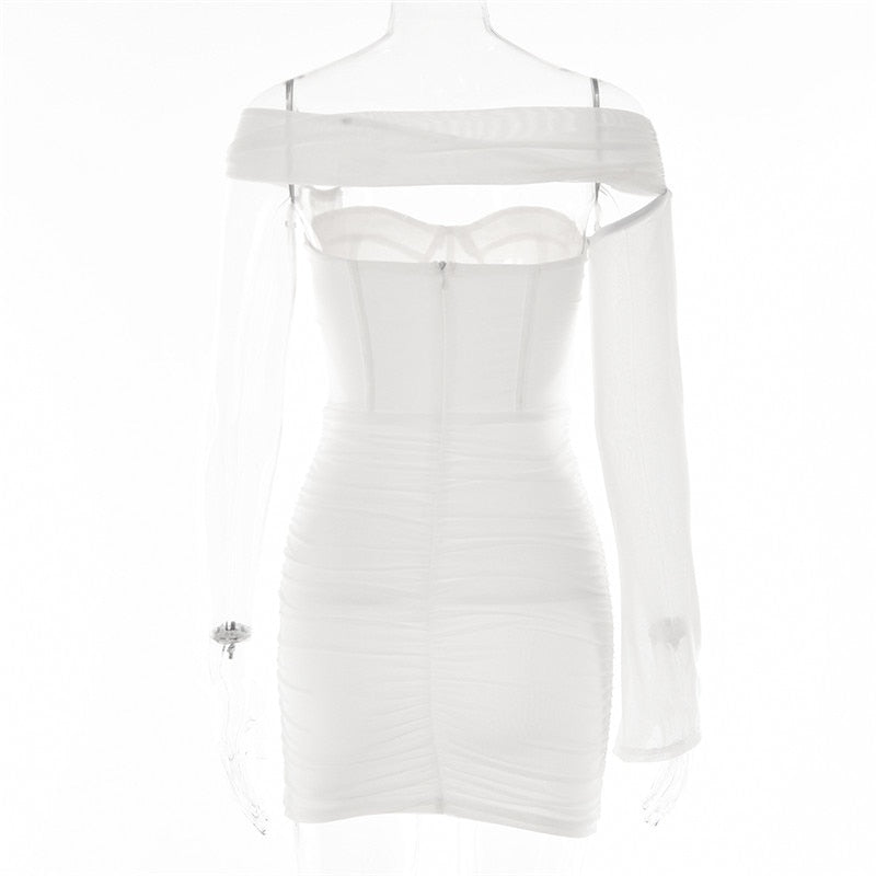 One Sleeve Backless Sexy Mini Dress For Women Robe Two Layer Mesh Strapless Skinny Club Party Short Dress Vestido voguable