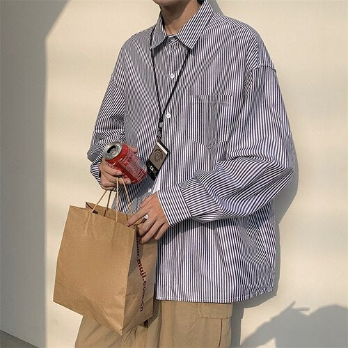 Shirts Men Spring Japanese Vintage Striped Long Sleeve Fashion Loose Handsome Casual Camisa Masculina Harajuku Simple Clothing voguable
