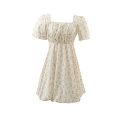 Voguable  Chic Dress Women 2022 Summer Floral Printed Square Collar Puff Sleeves High Waist Slim A-line Vintage Dresses voguable