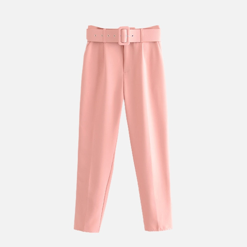 Voguable  Women's Pants High Waist With Belt Classic Pockets Office Lady Ankle Length Trousers Female 2022 Spring Fashion Pink Harem Pants voguable