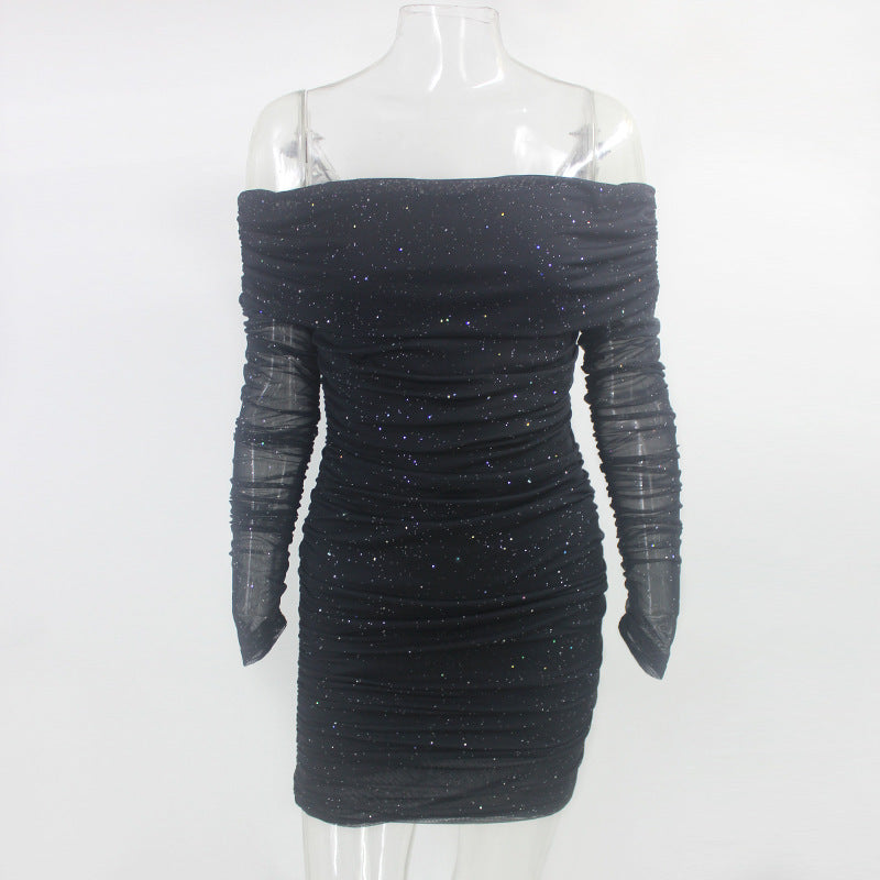 Voguable  2022 Women Sexy Backless Off Shoulder Mesh Long Sleeves Autumn Dress Black Glitter Mini DressesClub Party Bodycon Vestidos voguable