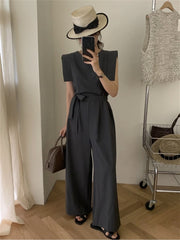 Summer Vintage Jumpsuits Women Korean Fashion Loose O-neck Wide Leg Pants Rompers Playsuits Chic Casual Overalls with Belt voguable