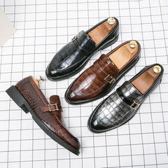 Loafers Men Crocodile Pattern PU Round Toe Monk Square Buckle Fashion Business Casual Wedding Party Daily Dress Shoes voguable