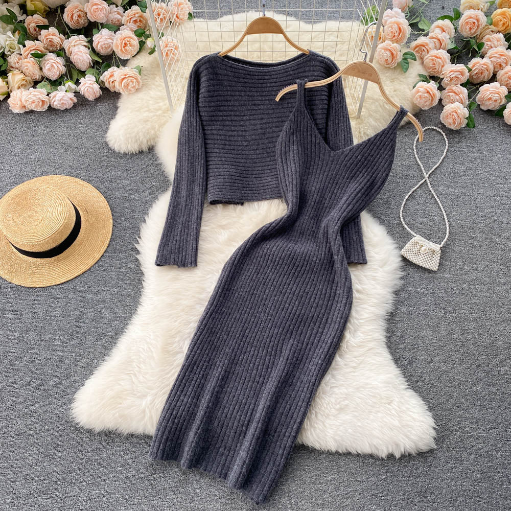 Women Elegant Slim Two Piece Sets Female Sweater Dress Autumn Winter High Waist Knitted Ensemble Femme Medium Long Party Dresses voguable