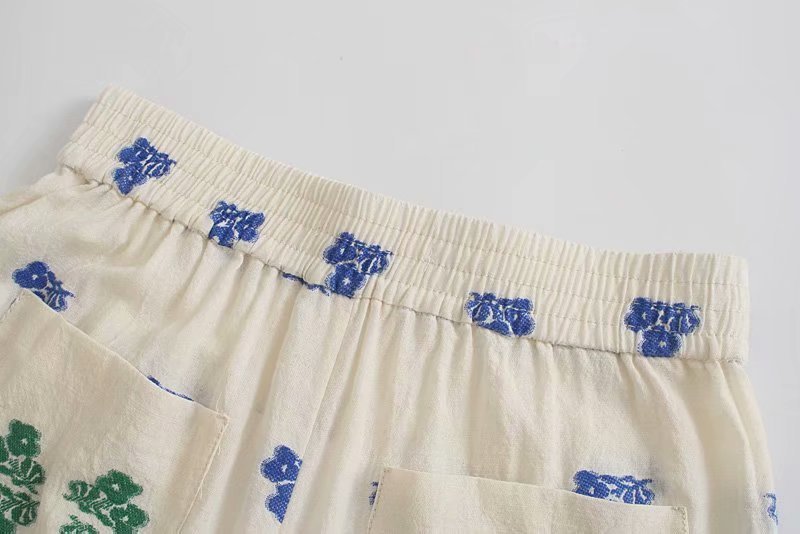 Voguable  Cotton Linen Beige Folk Vintage Sleeveeless Women Sets Casual Crop Top Wide Leg Slip Pants Suits Summer Floral Sets voguable