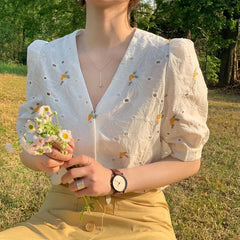 Summer New V-neck Embroidery Floral Shirt Women Korean Puff Short Sleeve Loose Ladies Blouse Sweet Hollow Out Women Tops voguable