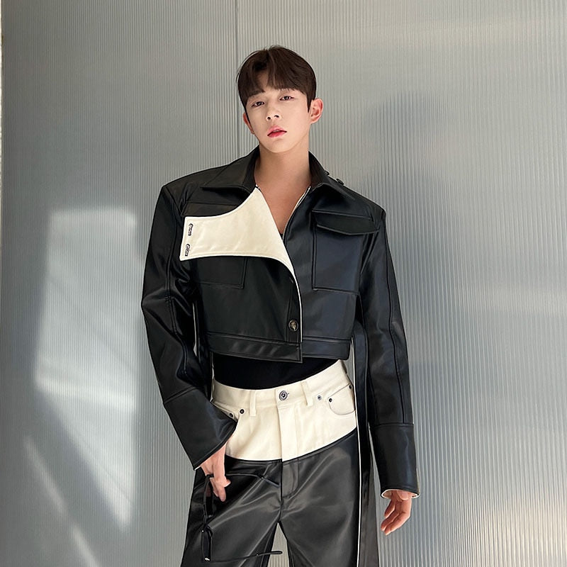 Spring Designer Short Denim Pu Leather Jacket Contrast Color Turn-down Collar Long Sleeve Male Coat Fashion 9A7435 voguable